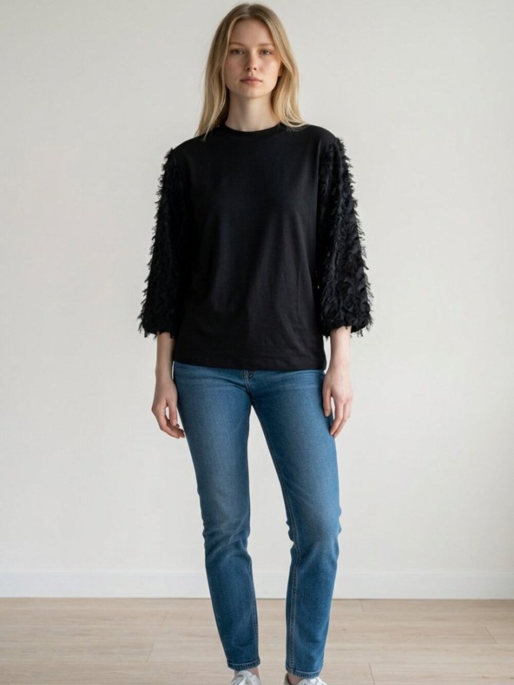 Carolyn Taylor Black Fringe Sleeve Knit Top Women's XL Textured Career Chic